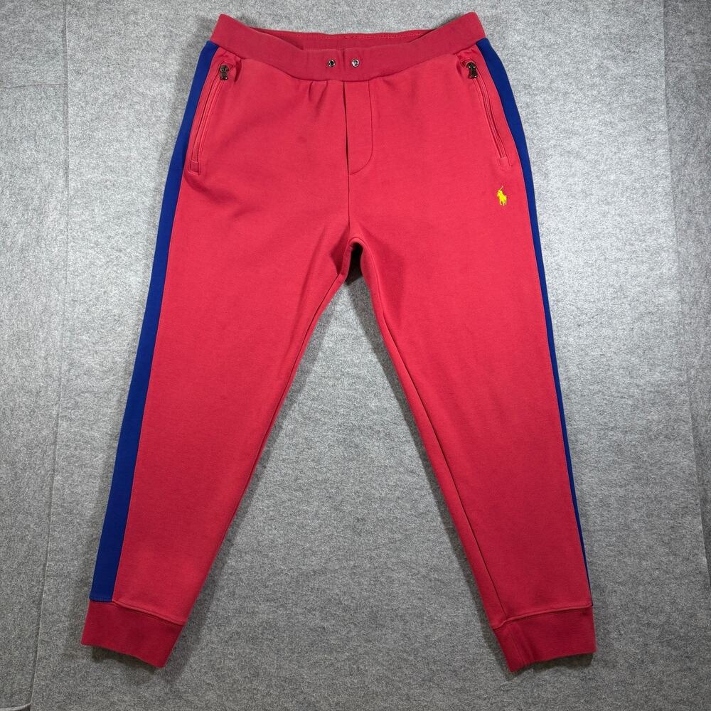 Polo Ralph Lauren Joggers Mens L Coral Blue Stripe Zip Pockets Pony Track Pants